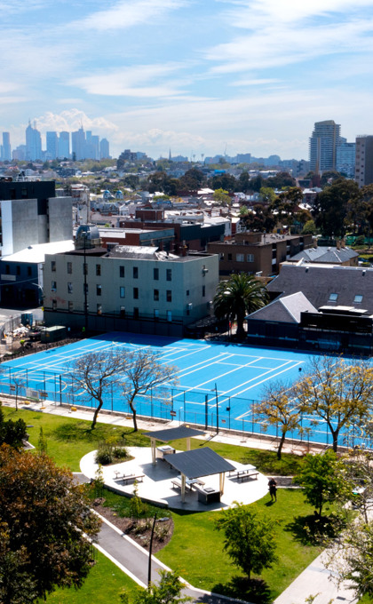 An aerial photograph of the Princes Gardens Tennis Court